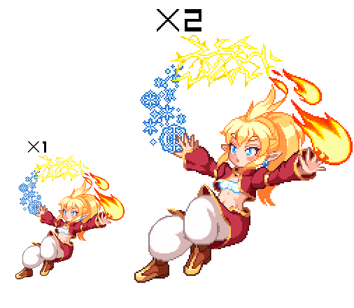 1girl :o ahoge baggy_pants blonde_hair blush breasts brown_shoes close-up cropped_jacket earrings electricity eyelashes female_focus fire full_body groin hair_between_eyes high_ponytail ice jacket jewelry leg_up long_hair long_sleeves m.u.g.e.n magic navel open_mouth outstretched_arms pants pixel_art pointy_ears ponytail puffy_long_sleeves puffy_sleeves red_jacket rucheca shirokuro_(oyaji) shirt shoes sidelocks simple_background small_breasts snowflakes solo strapless thick_eyebrows tsurime tube_top underboob white_background white_pants white_shirt witch