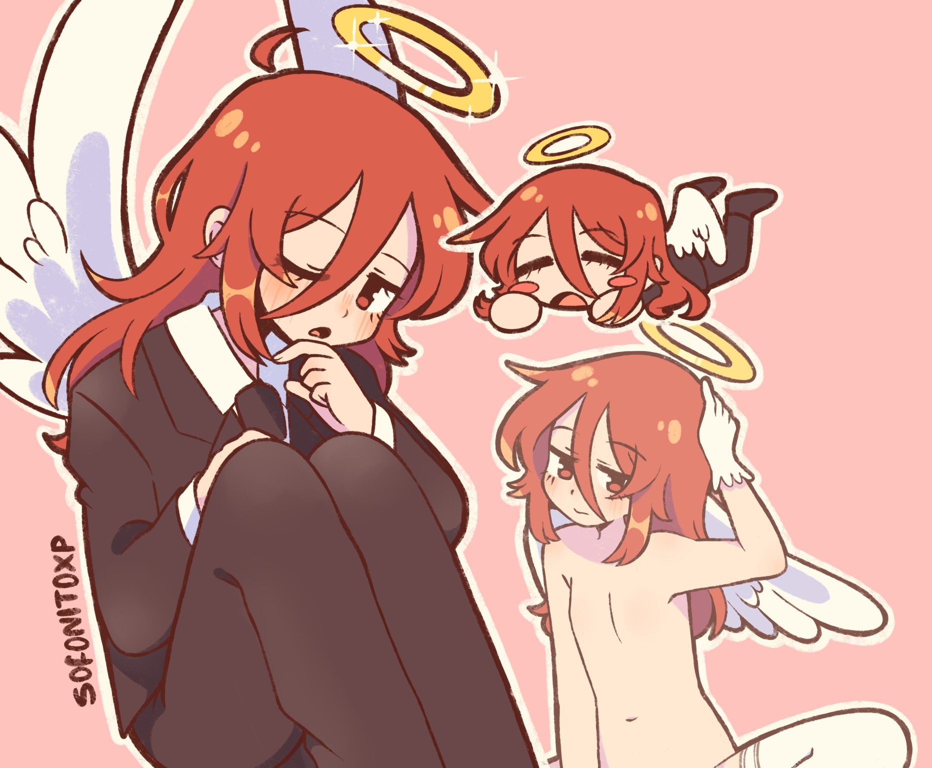 1boy ahoge angel_devil_(chainsaw_man) angel_wings black_necktie black_pants chainsaw_man chibi formal_clothes gloves hair_between_eyes halo highres long_hair necktie one_eye_closed pants red_eyes red_hair sofo_soup solo suit white_gloves wings