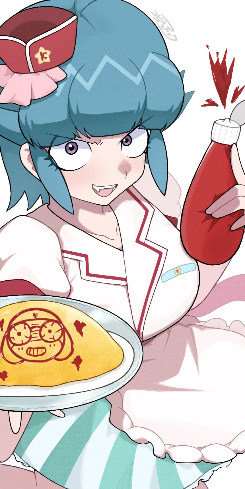 1boy 1girl alternate_costume angry apron blue_hair bow breasts collarbone colored_skin fang food frog_boy green_skirt highres keroro_gunsou ketchup_bottle kohiru_atsuku looking_at_viewer medium_breasts nishizawa_momoka omelet omurice open_mouth purple_eyes short_hair shoshinsha_mark skirt spiked_hair tamama tray two-tone_skirt waitress white_background white_skirt