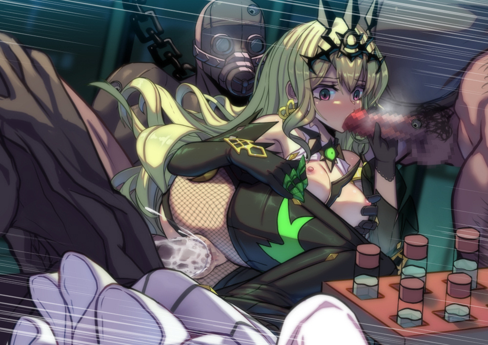 1girl 2boys black_dress black_gloves breasts breasts_out censored claw_ring closed_mouth cum cum_in_pussy dress earrings erection fellatio gas_mask gloves green_hair group_sex handjob hetero honkai_(series) honkai_impact_3rd jewelry lao_meng long_hair male_pubic_hair mask medium_breasts mmf_threesome mobius_(honkai_impact) mosaic_censoring multiple_boys nipples oral penis pubic_hair purple_eyes pussy single_earring slit_pupils spitroast testicles threesome vaginal vial wavy_hair