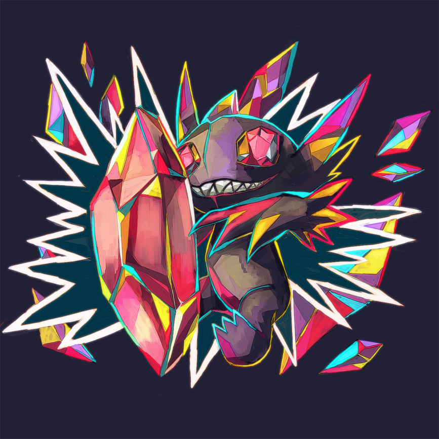 4615oda666 black_background claws commentary_request crystal game_freak gem gem_eyes gen_3_pokemon mega_pokemon mega_sableye nintendo no_humans pokemon pokemon_(creature) red_gemstone sableye sharp_teeth simple_background smile solo teeth