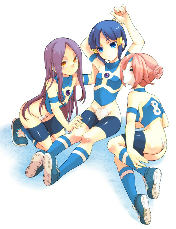 3girls bike_shorts blue_hair inazuma_eleven inazuma_eleven_(series) irouha kurakake_clara kurione_yuki mask multiple_girls purple_hair see-through_clothes shoes skin_tight sneakers socks touchi_ai yuri