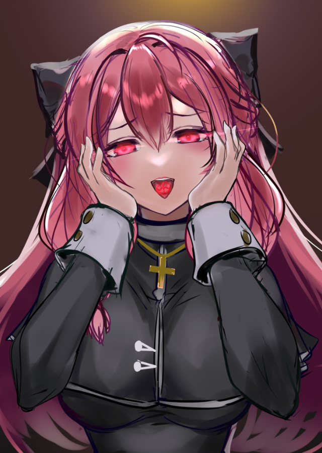 1girl black_background black_capelet black_dress black_ribbon blush breasts brown_dust_(series) brown_dust_2 capelet dress dtcy glowing glowing_eyes glowing_tongue hair_between_eyes hands_on_own_cheeks hands_on_own_face large_breasts liberta_(brown_dust_2) liberta_(dark_saintess)_(brown_dust_2) lips looking_at_viewer open_mouth pink_eyes pink_hair ribbon rosary simple_background sketch smile solo tongue tongue_out tongue_tattoo upper_body