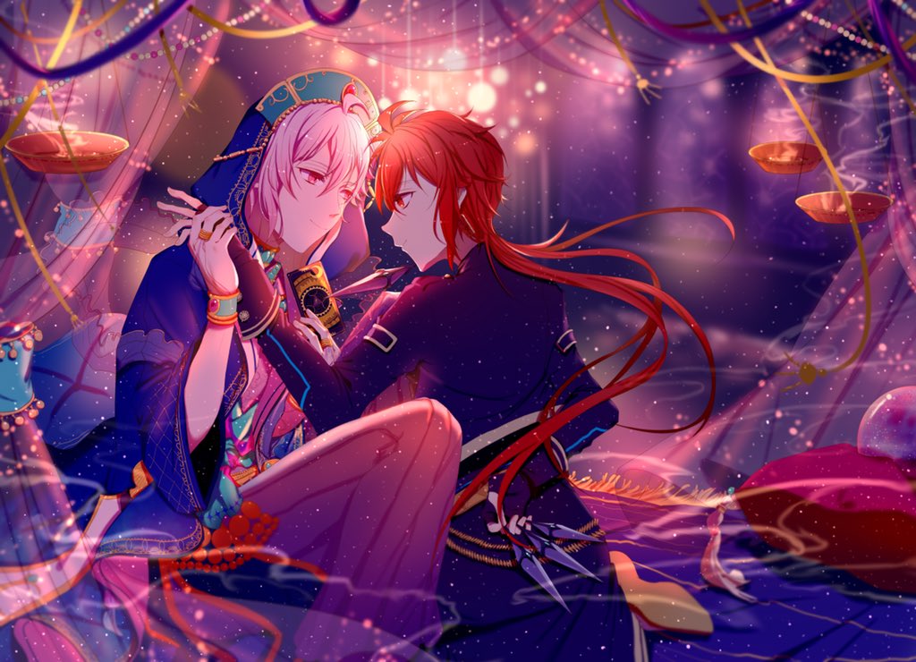 2boys ahoge aqua_hat black_coat black_gloves blue_jacket card coat confeitoo eye_contact feet_out_of_frame fingerless_gloves fire gloves hair_between_eyes hakama happy hat holding holding_card holding_hands hood hood_up hooded_jacket idolish7 incense indoors jacket japanese_clothes kujou_tenn light_particles long_hair long_sleeves looking_at_another low_ponytail male_focus multiple_boys nanase_riku night pillow pink_eyes pink_hair ponytail purple_hakama red_eyes shirt short_hair sleeve_cuffs smoke tarot tarot_card tent very_long_hair white_shirt yaoi