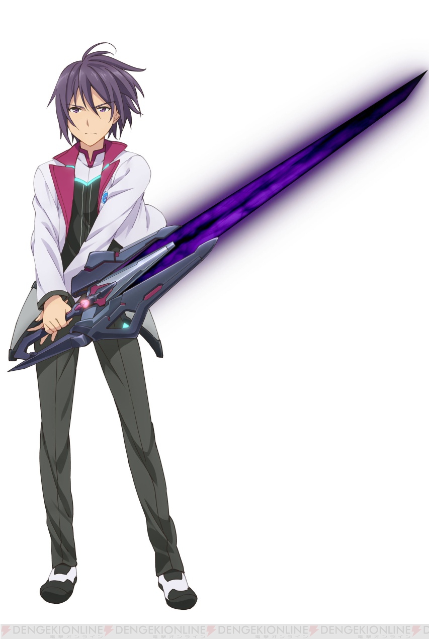 10s 1boy amagiri_ayato dengeki full_body gakusen_toshi_asterisk highres holding holding_sword holding_weapon kawakami_tetsuya male_focus official_art purple_eyes purple_hair school_uniform simple_background solo sword weapon white_background