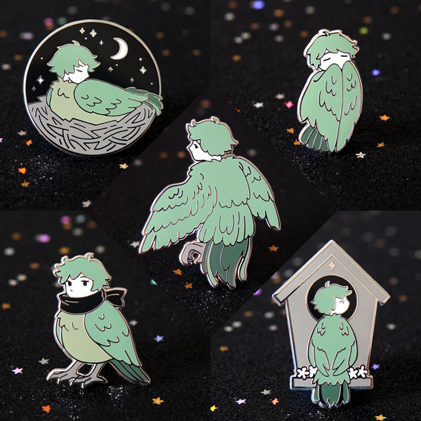 1boy bird_boy birdhouse crescent_moon driftwoodwolf fantasy green_hair harpy male_focus monster_boy monster_girl moon multiple_views nest original scarf star_(symbol) talons wings