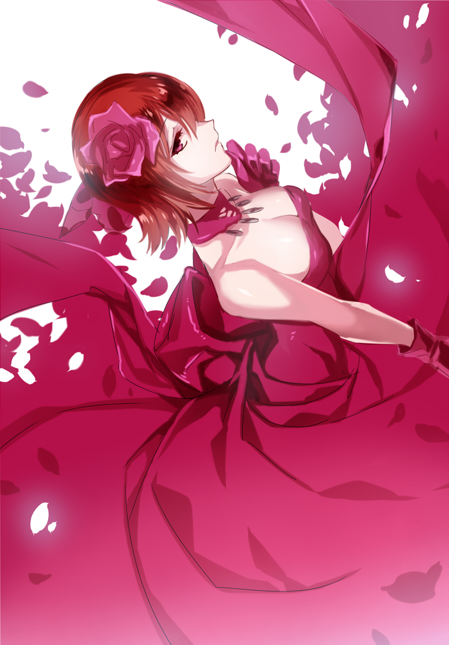 1girl bare_shoulders breasts cleavage commentary_request detached_collar dress fate/zero fate_(series) flower from_side gloves hair_flower hair_ornament highres long_dress looking_at_viewer medium_breasts medium_hair petals red_dress red_eyes red_gloves red_hair sola-ui_nuada-re_sophia-ri solo strapless strapless_dress ycco_(estrella)