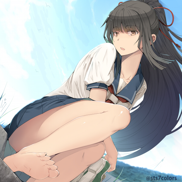 1girl :o barefoot black_hair blue_shirt blue_sky brown_eyes commentary_request feet female_focus from_below grass hair_ribbon long_hair looking_at_viewer open_mouth original pleated_skirt red_neckwear ribbon rock sailor_collar school_uniform serafuku shirt short_sleeves sidelocks skirt sky soles solo sts thighs toes white_shirt