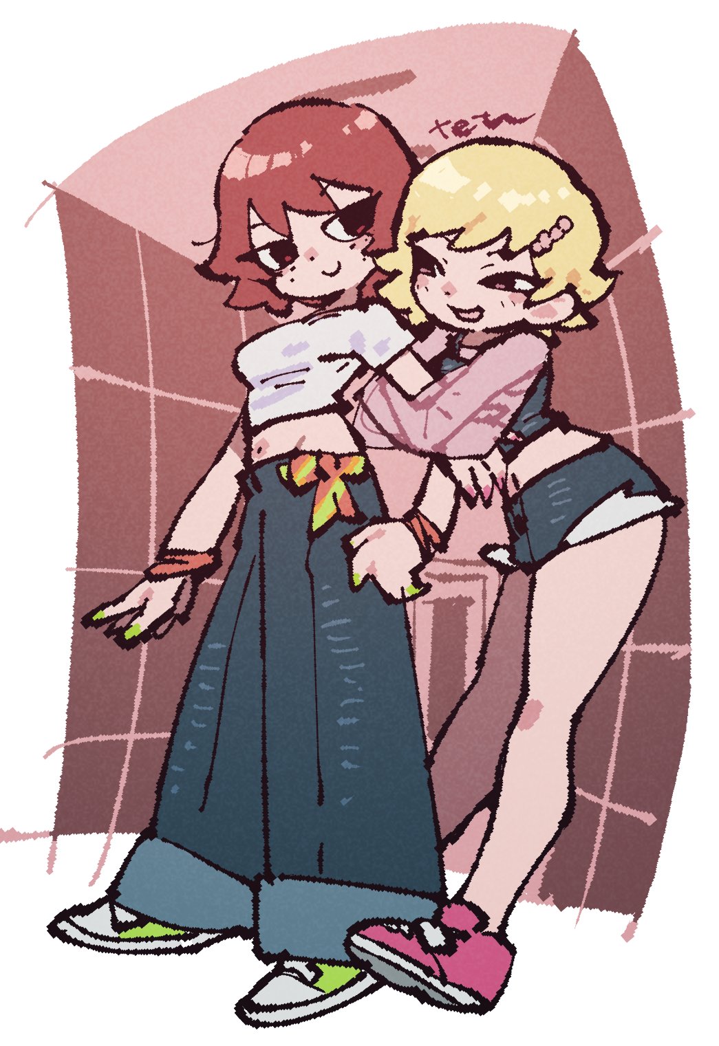 2girls blonde_hair bracelet breasts brown_eyes commentary crop_top cropped_shirt denim eye_contact freckles hair_ornament hairclip highres jeans jewelry kim_pine lisa_miller looking_at_another midriff multiple_girls open_mouth pants red_hair scott_pilgrim_(comics) scott_pilgrim_(series) scott_pilgrim_takes_off shirt shoes short_hair shorts smile sneakers symbol-only_commentary tetsu_(teppei) white_shirt