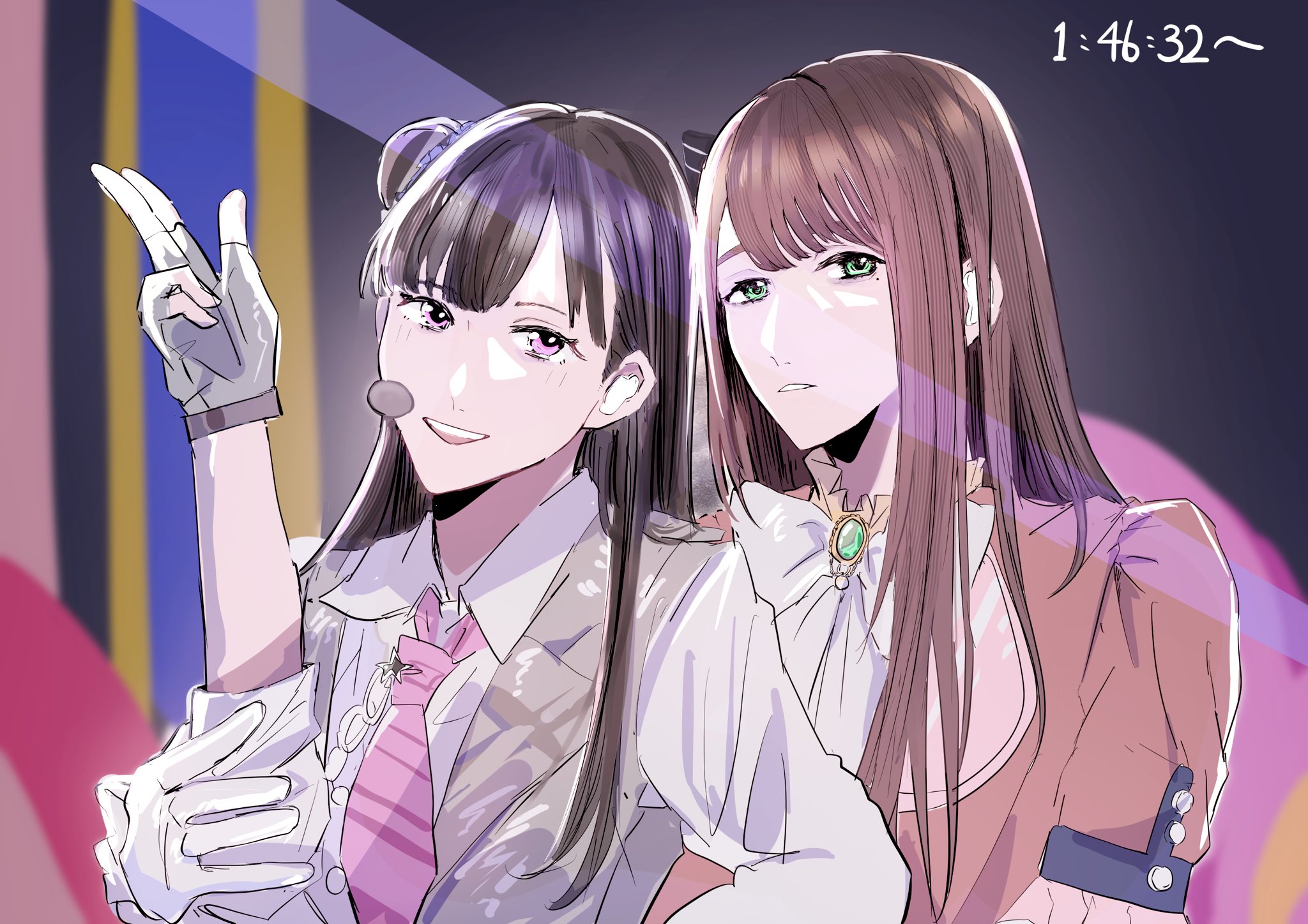 2girls :d animification black_bow black_hair bloom_the_smile_bloom_the_dream! blunt_bangs blurry blurry_background bow break_the_system_(love_live!) brown_hair commentary_request diagonal-striped_clothes diagonal-striped_necktie gloves green_eyes grey_vest hair_bow hair_bun hanamiya_nina hand_on_another's_arm headset highres link!_like!_love_live! long_hair love_live! love_live!_nijigasaki_high_school_idol_club love_live!_series_asia_tour_2024 multiple_girls necktie on_your_mark_(love_live!) oonishi_aguri open_clothes open_mouth open_vest parted_lips pink_eyes pink_necktie pinstripe_bow real_life sidelocks single_side_bun smile striped_clothes three-quarter_sleeves timestamp vest voice_actor white_gloves zuisetsu