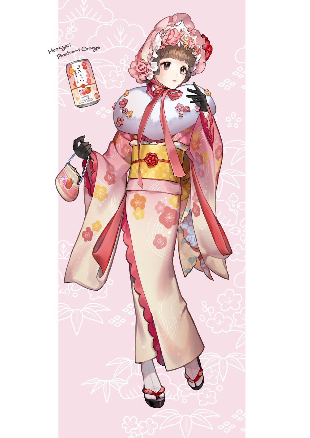 1girl bag black_gloves blunt_bangs bonnet border brown_eyes brown_hair can drink floral_background floral_print flower frilled_sleeves frills full_body fur_scarf gloves gradient_clothes gradient_kimono hair_bun hair_flower hair_ornament hand_up handbag highres holding holding_bag japanese_clothes kimono looking_to_the_side obi obiage obijime okobo orange_flower original otani_(gloria) outside_border parted_lips patterned_background personification pillarboxed pink_background pink_flower pink_headwear pink_kimono pink_ribbon platform_sandals red_flower ribbon sandals sash shouchikubai_(pattern) single_hair_bun socks solo standing standing_on_one_leg suntory tabi white_border white_socks wide_sleeves yellow_kimono yellow_sash