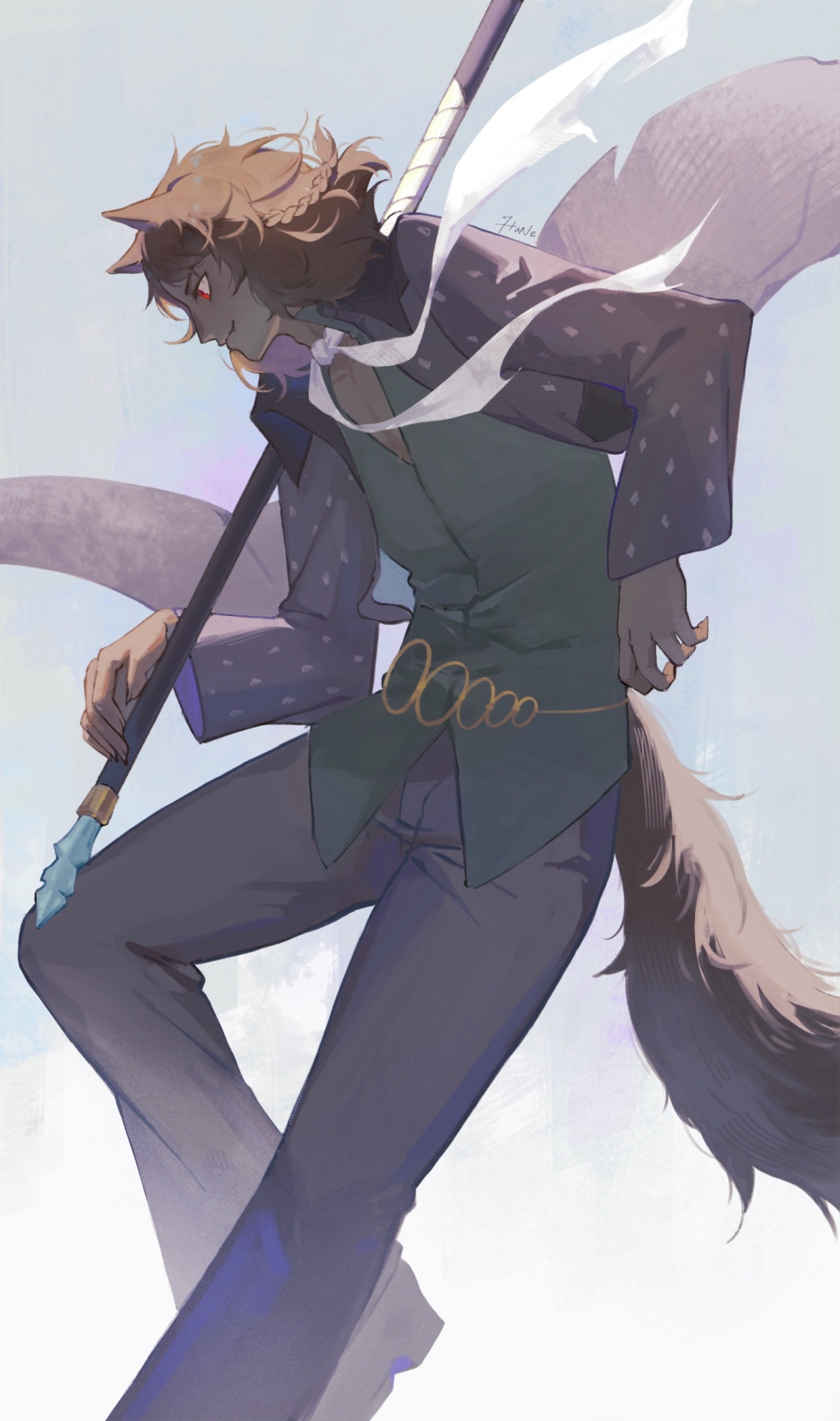 1boy animal_ears arm_up basilio_(metaphor:_refantazio) belt black_coat black_pants braid brown_hair closed_mouth coat commentary english_commentary floating_hair green_shirt grey_background hane_(yhane312) highres holding holding_weapon long_sleeves looking_ahead male_focus metaphor:_refantazio neckerchief pants patterned_clothing profile red_eyes shirt side_braid simple_background smile solo tail weapon white_neckerchief