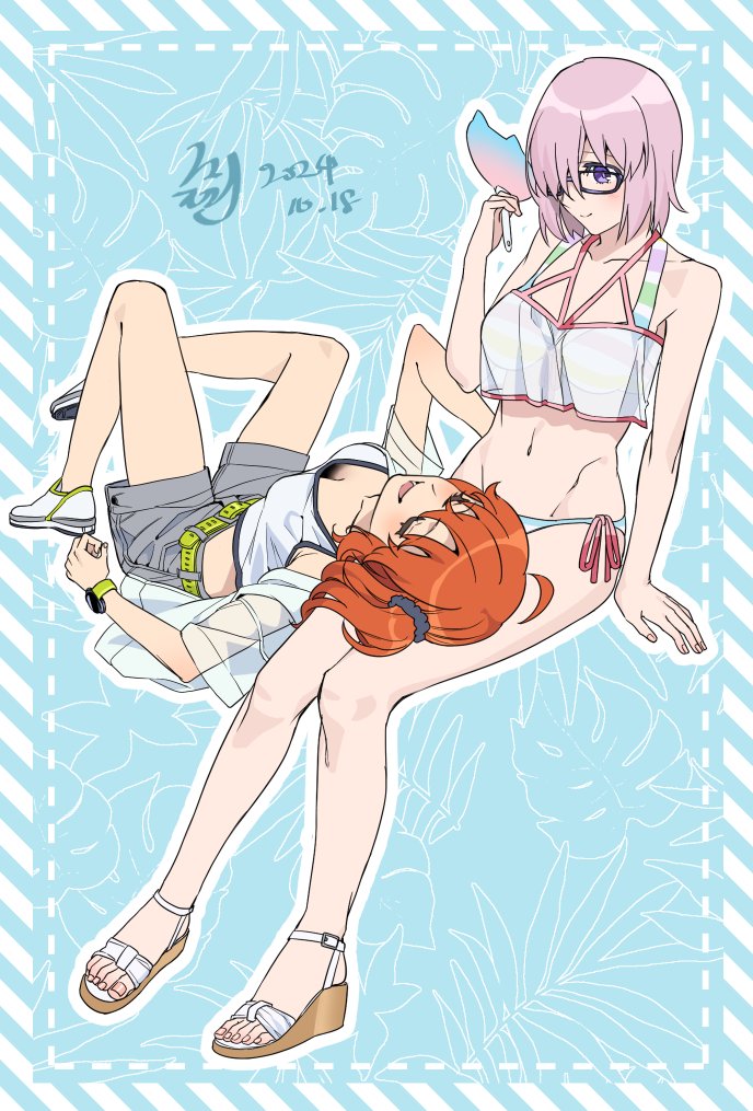 2girls bare_shoulders bikini breasts cleavage collarbone fate/grand_order fate_(series) fujimaru_ritsuka_(female) fujimaru_ritsuka_(female)_(summer_street) glasses high_heels hip_bones lap_pillow mash_kyrielight mash_kyrielight_(swimsuit_of_perpetual_summer_ver.02) medium_breasts midriff multiple_girls navel noko_morokoshi open_mouth perky_breasts pink_hair red_hair short_hair shorts side-tie_bikini_bottom swimsuit thighs