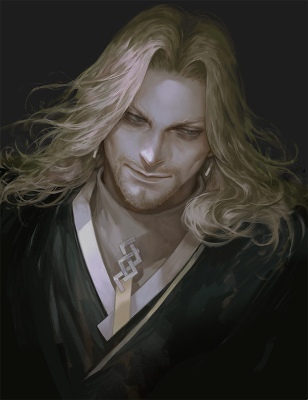 1boy alle_page beard black_shirt blonde_hair blue_eyes connected_beard earrings facial_hair fate/apocrypha fate/grand_order fate_(series) grey_background jewelry long_hair looking_to_the_side male_focus portrait realistic shirt simple_background smile solo turtleneck vlad_iii_(fate/apocrypha)