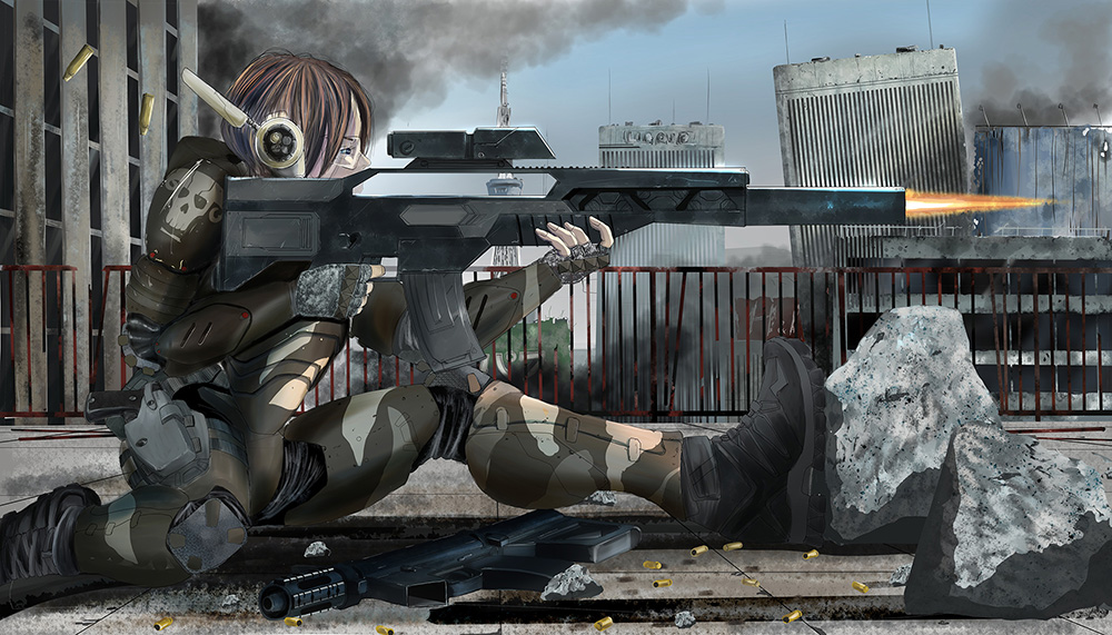 1girl aiming armor assault_rifle battle body_armor boots brown_hair building camouflage cityscape damaged dirty emblem firing gloves goggles gun i.t.o_daynamics mecha military original power_armor power_suit radio_antenna rifle robot science_fiction scope shell_casing skull smoke sniper soldier submachine_gun weapon