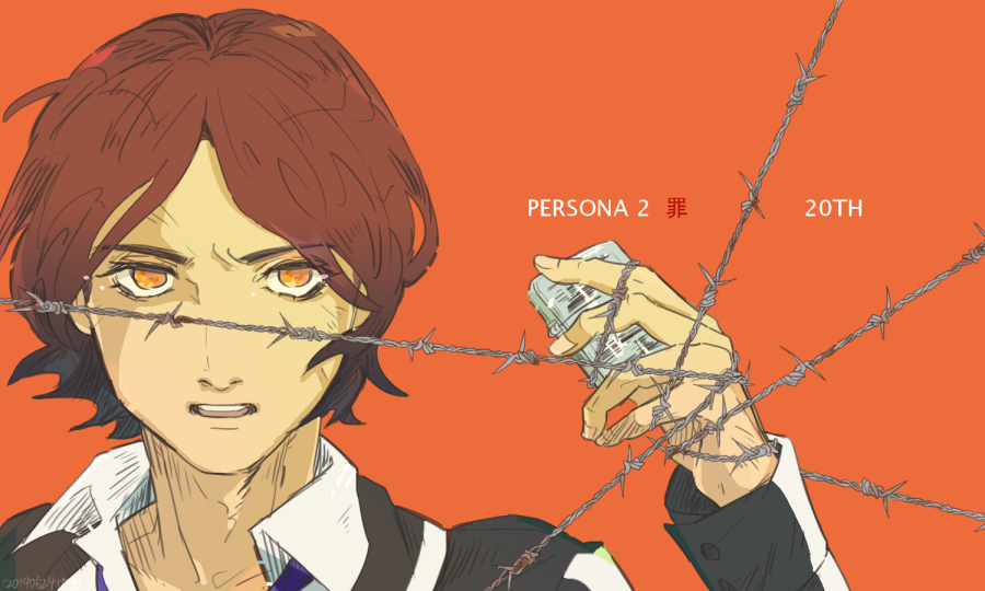 1boy anniversary barbed_wire bayu_(uyab003) black_jacket brown_hair collared_shirt hand_up holding holding_lighter jacket lighter long_sleeves looking_at_viewer male_focus open_mouth orange_background orange_eyes parted_bangs persona persona_2 persona_2_tsumi portrait restrained school_uniform seven_sisters_high_school_uniform shirt short_hair solo suou_tatsuya white_shirt