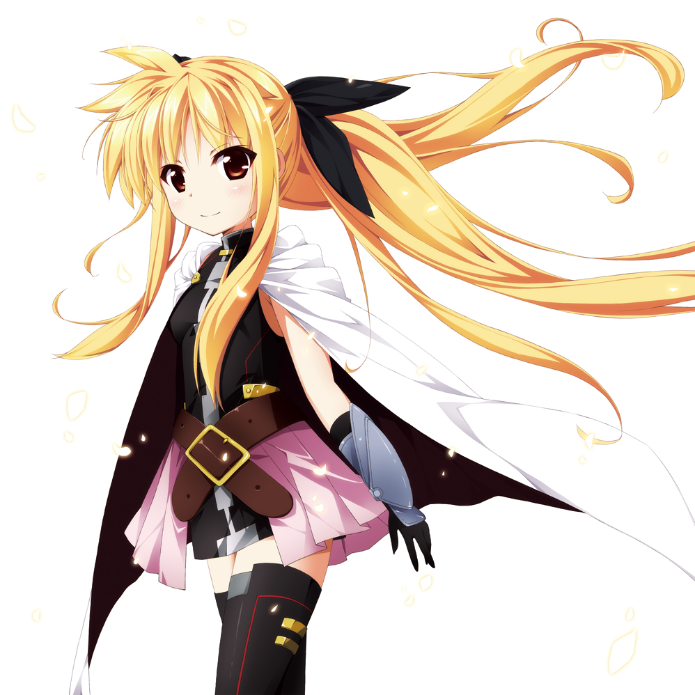 1girl belt blonde_hair blush bow buckle cape fate_testarossa fate_testarossa_(blaze_form) female_focus gauntlets gloves hair_bow kanzaki_sora long_hair lyrical_nanoha mahou_shoujo_lyrical_nanoha mahou_shoujo_lyrical_nanoha_a&#039;s mahou_shoujo_lyrical_nanoha_the_movie_2nd_a&#039;s red_eyes skirt smile solo thighhighs twintails