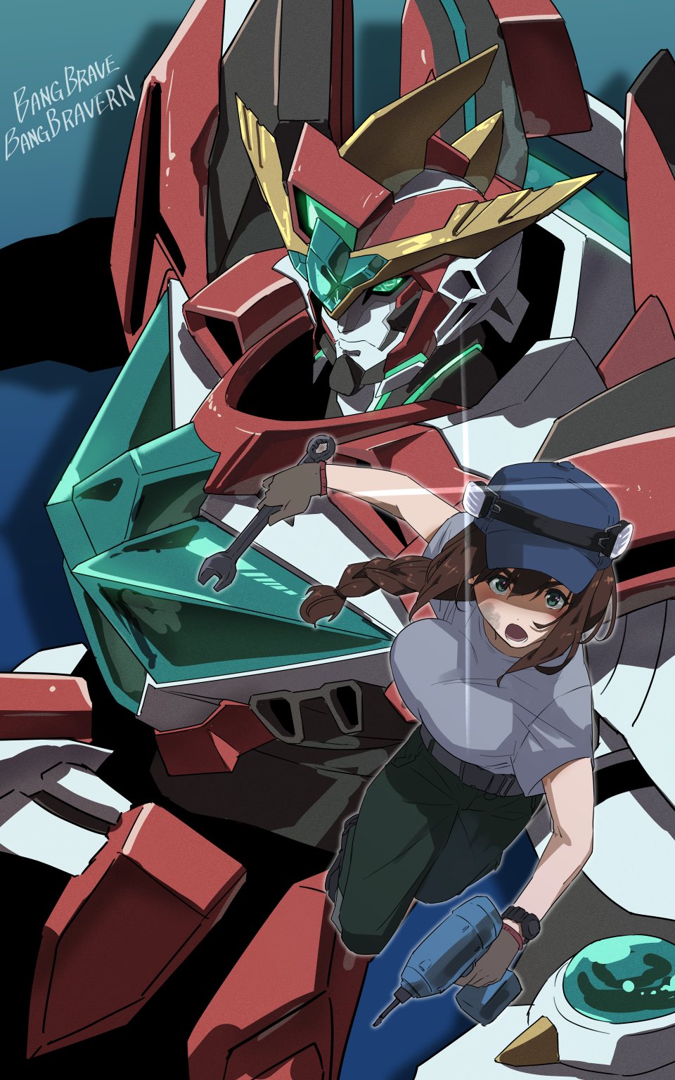 blue_shirt bouncing_breasts bravern breasts brown_gloves brown_hair exocet_(exocet4) gloves green_eyes hat highres holding large_breasts long_hair looking_at_viewer mecha miyu_katou open_mouth robot science_fiction shirt super_robot t-shirt v-fin yuuki_bakuhatsu_bang_bravern