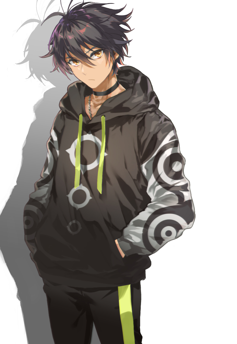 1boy black_choker black_hair choker closed_mouth dark-skinned_male dark_skin hair_between_eyes hands_in_pockets hood hood_down hoodie jewelry looking_at_viewer male_focus megido72 necklace poppoman shadow short_hair simple_background solomon_(megido72) standing upper_body white_background yellow_eyes