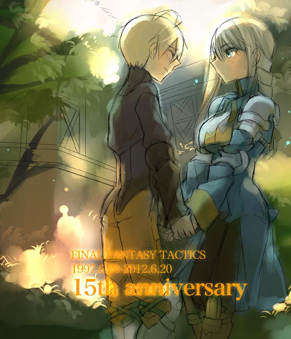 1boy 1girl agrias_oaks ahoge anniversary armor blonde_hair blue_eyes blush boots braid copyright_name closed_eyes final_fantasy final_fantasy_tactics holding_hands hetero knight leggings long_hair ramza_beoulve shadow single_braid sketch smile tooka
