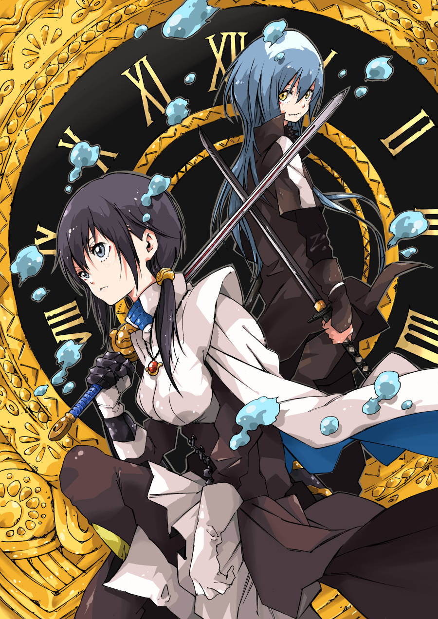 10s 1girl 1other black_hair blue_eyes blue_hair cape chloe_aubert clock gauntlets gloves highres jewelry katana long_hair looking_at_viewer low_ponytail makkamu ponytail rimuru_tempest smile sword tensei_shitara_slime_datta_ken weapon yellow_eyes