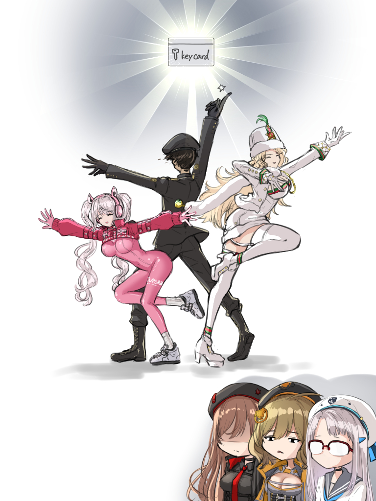 1boy 5girls alice_(nikke) animal_ear_headphones animal_ears anis_(nikke) ankle_boots arms_up beret black_gloves black_headwear blonde_hair bodysuit boots brown_hair chibi chibi_inset closed_eyes commander_(nikke) cropped_jacket dancing dress faceless fake_animal_ears fur-trimmed_dress fur-trimmed_headwear fur_collar fur_hat fur_trim glasses gloves goddess_of_victory:_nikke grey_hair hat headphones impossible_bodysuit impossible_clothes jacket long_hair ludmilla_(nikke) military military_hat military_jacket military_uniform mini_dang01 multiple_girls necktie neon_(nikke) outstretched_arms pink_bodysuit pink_gloves puffy_sleeves rapi_(nikke) red_jacket red_necktie sailor shoes short_hair snapping_fingers sneakers spread_arms standing standing_on_one_leg thighhighs twintails unamused wavy_hair white_footwear white_gloves white_jacket white_thighhighs zettai_ryouiki