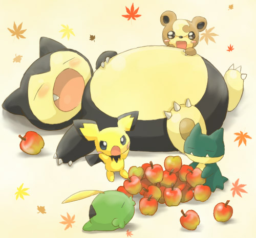 apple autumn_leaves blush closed_eyes fang food fruit game_freak gen_1_pokemon gen_2_pokemon gen_3_pokemon gen_4_pokemon gulpin iinano_(inanosuke) leaf lying munchlax nintendo no_humans on_back open_mouth pichu pokemon pokemon_(creature) sleeping snorlax standing teddiursa