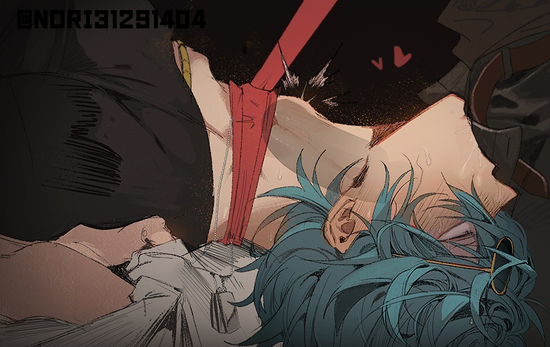 2boys bed_sheet belt black_background black_pants black_shirt blue_hair blush brown_belt commentary cum cum_on_body erection facial fellatio heart irrumatio leash lighter_(zenless_zone_zero) lying male_focus motion_lines multiple_boys on_back open_pants oral pants penis red_leash rolling_eyes runa_(nori31291404) sheet_grab shirt solo_focus sunglasses sweat symbol-only_commentary t-shirt throat_bulge twitter_username x-ray yaoi yellow-framed_eyewear zenless_zone_zero