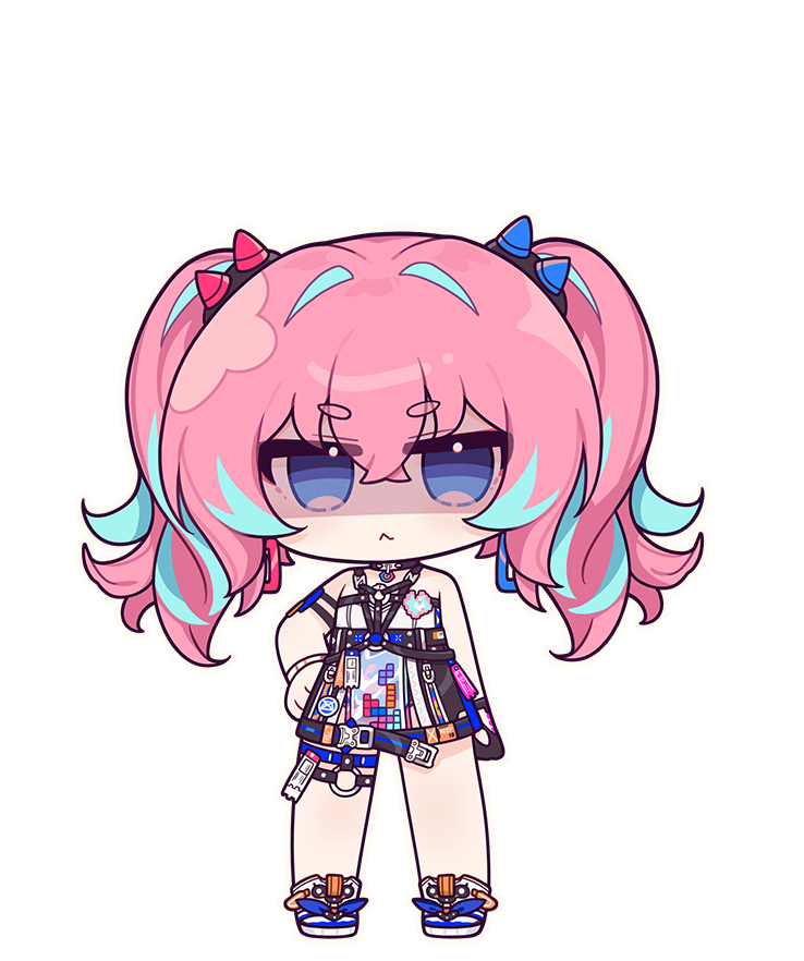 1girl :&lt; blue_eyes blue_hair chibi dress eta fang full_body hair_ornament honkai_(series) honkai_impact_3rd long_hair looking_at_viewer multicolored_hair official_art pink_hair rozaliya_olenyeva delta_(honkai_impact) skin_fang sleeveless sleeveless_dress solo third-party_source twintails two-tone_hair