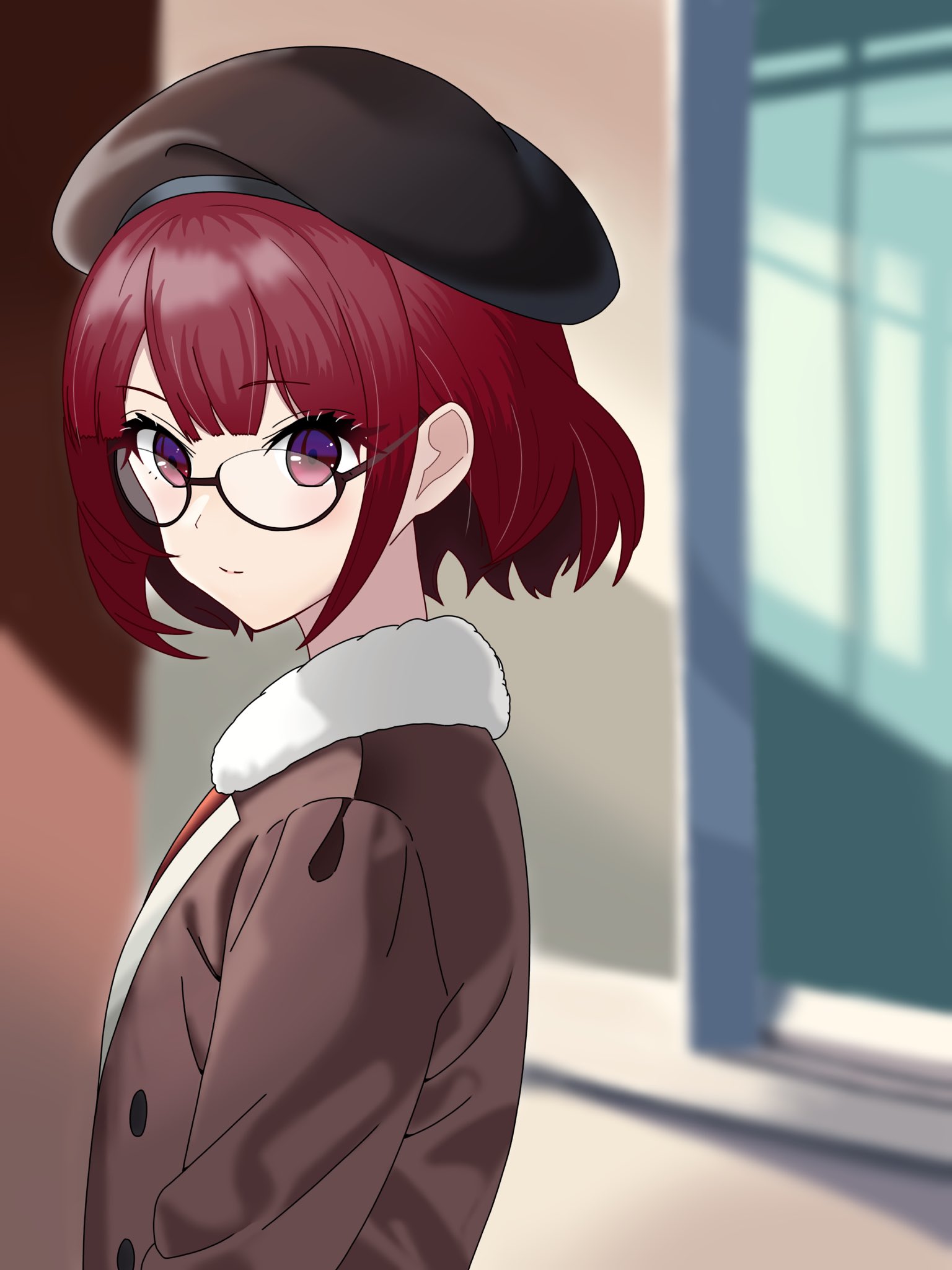 1girl arima_kana beret bob_cut bokutaaaa brown_hat brown_jacket closed_mouth glasses hat highres inverted_bob jacket looking_at_viewer oshi_no_ko red_eyes red_hair short_hair solo upper_body