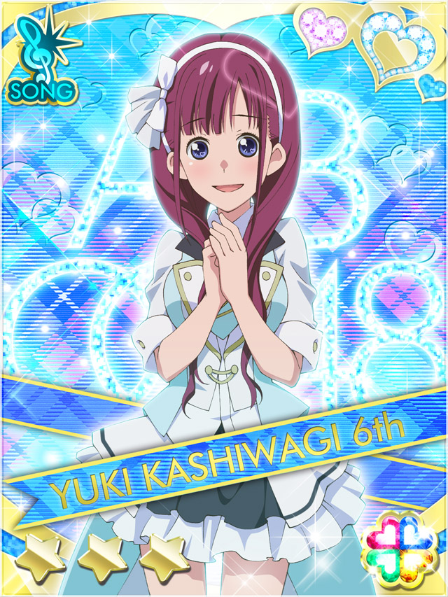 1girl :d akb0048 blue_background blue_eyes card_(medium) character_name collared_dress cowboy_shot dress frilled_dress frills hairband heart kashiwagi_yuki_(akb0048) long_hair looking_at_viewer multicolored_dress non-web_source official_art open_mouth own_hands_together purple_hair short_sleeves smile solo sparkle standing star_(symbol) white_hairband