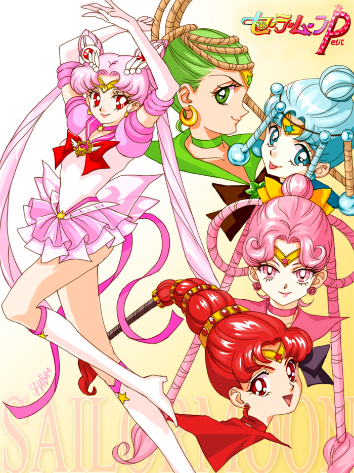 1990s_(style) 5girls :d :p aged_up bishoujo_senshi_sailor_moon bishoujo_senshi_sailor_moon_sailor_stars bishoujo_senshi_sailor_moon_stars bishoujo_senshi_sailor_moon_supers blue_eyes blue_hair boots bow brooch cerecere_(sailor_moon) chibi_usa child choker cone_hair_bun double_bun double_gun earrings gloves green_eyes green_hair hair_bun hair_ornament hair_rings hairpin happy jewelry junjun_(sailor_moon) knee_boots long_hair magical_girl multi-tied_hair multiple_girls open_mouth pallapalla_(sailor_moon) pink_eyes pink_hair red_eyes red_hair retro_artstyle ribbon sailor_ceres sailor_chibi_moon sailor_juno sailor_pallas sailor_senshi sailor_vesta school_uniform serafuku shabomu short_hair single_hair_bun skirt smile star_brooch super_sailor_chibi_moon_(stars) tiara tongue tongue_out twintails vesves_(sailor_moon) white_footwear white_gloves yellow_bow