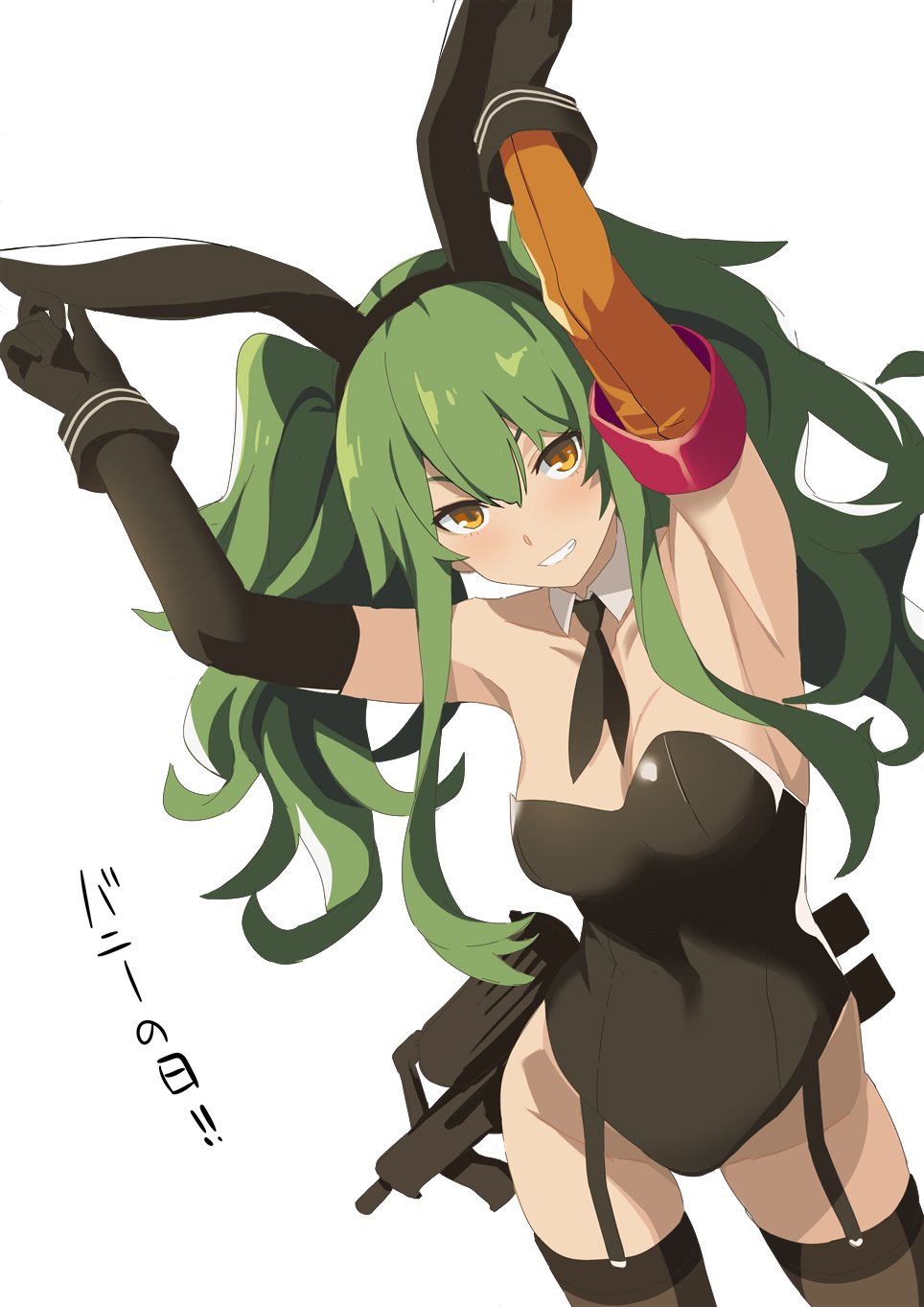 1girl armpits arms_up asymmetrical_gloves bare_shoulders black_gloves black_thighhighs blush breasts bunny_day calico_light_weapons_systems calico_m950 calico_m950a cheek_pistol cleavage double-stack_magazine elbow_gloves female_focus garter_straps girls&#039;_frontline gloves green_hair grin gun hair_between_eyes handgun headband helical_magazine high-capacity_magazine highres leotard long_hair looking_at_viewer m950a_(girls&#039;_frontline) machine_pistol medium_breasts ningen_(ningen96) orange_gloves pistol playboy_bunny rabbit_girl sidelocks simple_background smile solo stubby_grip submachine_gun thighhighs translated twintails uneven_gloves vertical_forward_grip weapon white_background yellow_eyes