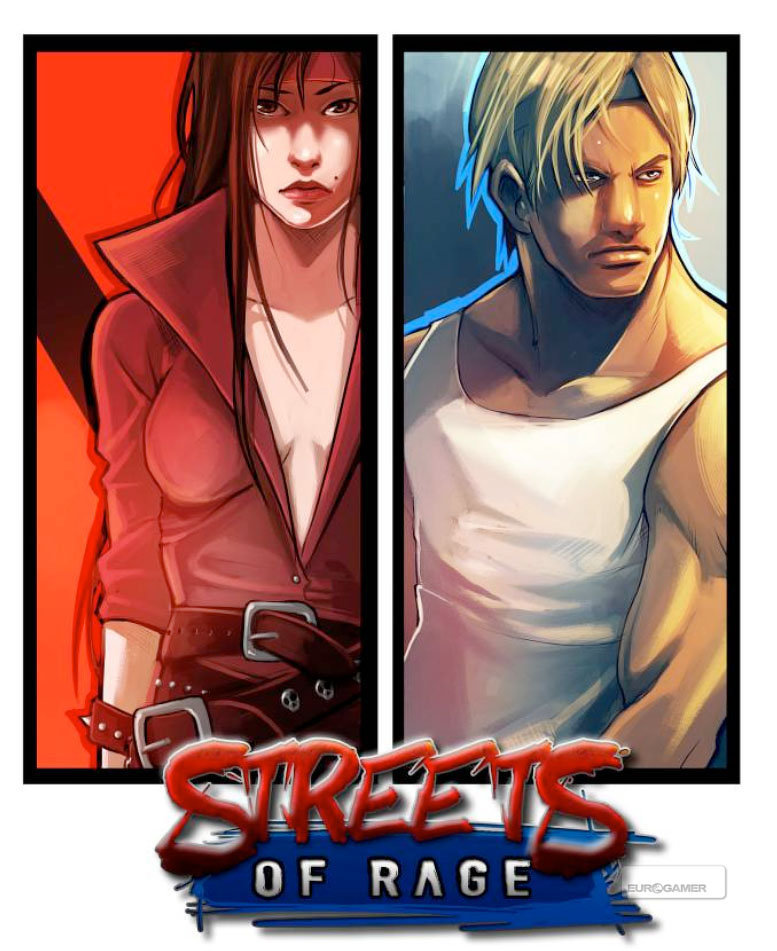1990s_(style) 1boy 1girl adam_hunter axel_stone streets_of_rage belt blaze_fielding blonde_hair bracelet breasts concept_art headband jewelry lips long_hair mole muscular open_collar red_hair retro_artstyle sega spiked_bracelet spikes tan tank_top watermark