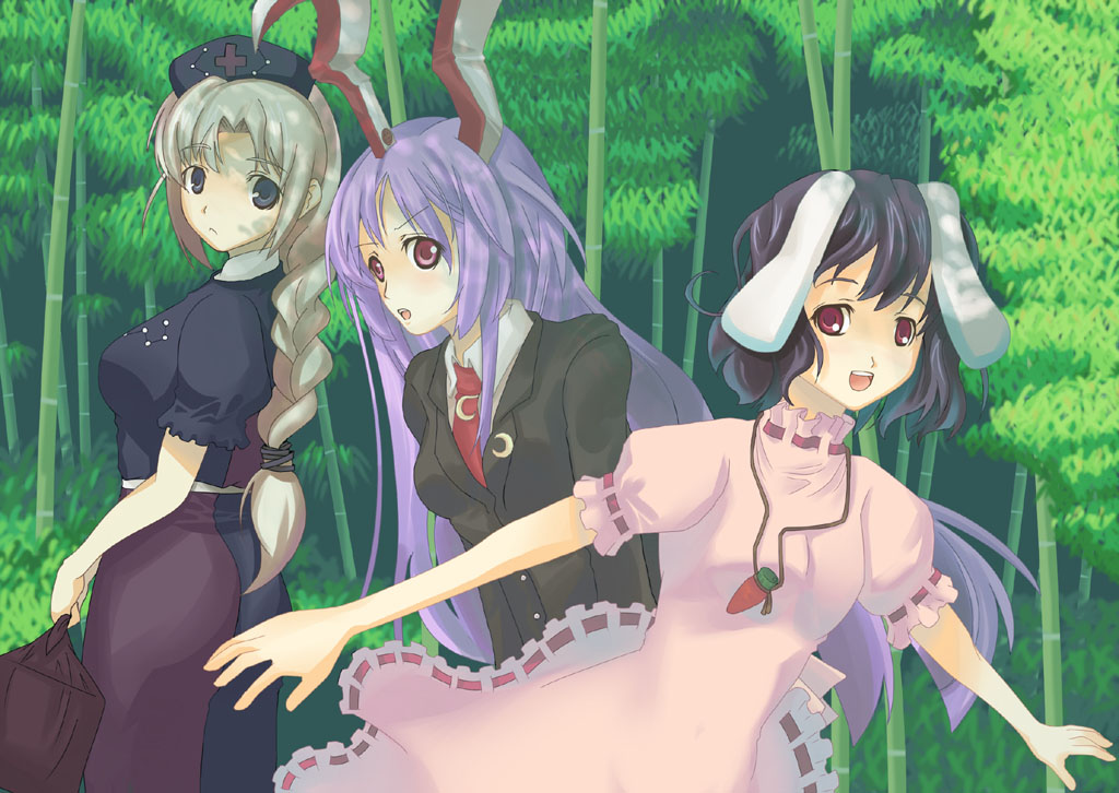 3girls animal_ears bad_id bad_pixiv_id bamboo black_hair blue_eyes female_focus hat inaba_tewi long_hair multiple_girls purple_hair rabbit_ears red_eyes reisen_udongein_inaba shirousagi_una short_hair silver_hair touhou yagokoro_eirin