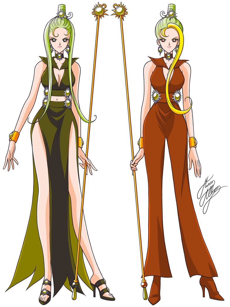 2girls bishoujo_senshi_sailor_moon bishoujo_senshi_sailor_moon_stars blonde_hair bracelet brown_eyes brown_footwear brown_pants choker dress full_body green_dress green_eyes green_footwear green_hair high_heels jewelry marco_albiero multicolored_hair multiple_girls pants sailor_chi sailor_collar sailor_phi sailor_senshi shoes short_hair side_slit signature smile staff standing two-tone_hair white_background