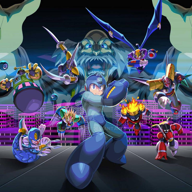 1girl 6+boys arm_cannon astro_man blade_man blue_eyes building dr._wily_(mega_man) facial_hair fire fire flying helmet joints looking_at_viewer magma_man mask mega_man_(character) mega_man_(classic) mega_man_(series) mega_man_10 mega_man_7 mega_man_8 mega_man_9 mermaid monster_girl multiple_boys mustache night night_sky nitro_man old old_man open_mouth polearm robot_ears robot_joints serious shade_man sky slash_man splash_woman standing tengu_man trident weapon wings