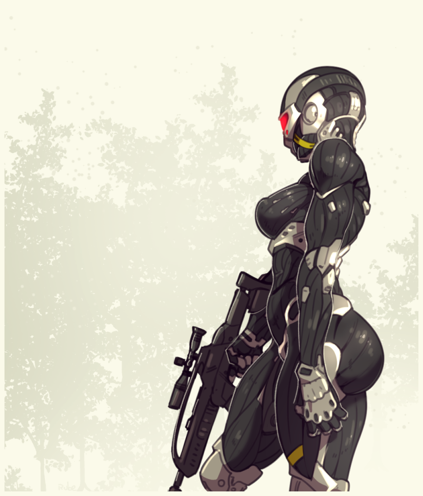 1girl ass assault_rifle black_bodysuit bodysuit breasts commentary covered_erect_nipples covered_face crysis english_commentary finger_on_trigger goggles gun holding holding_gun holding_weapon justrube knee_pads large_breasts power_suit red-tinted_eyewear rifle science_fiction scope simple_background skin_tight solo thick_thighs thighs tinted_eyewear weapon