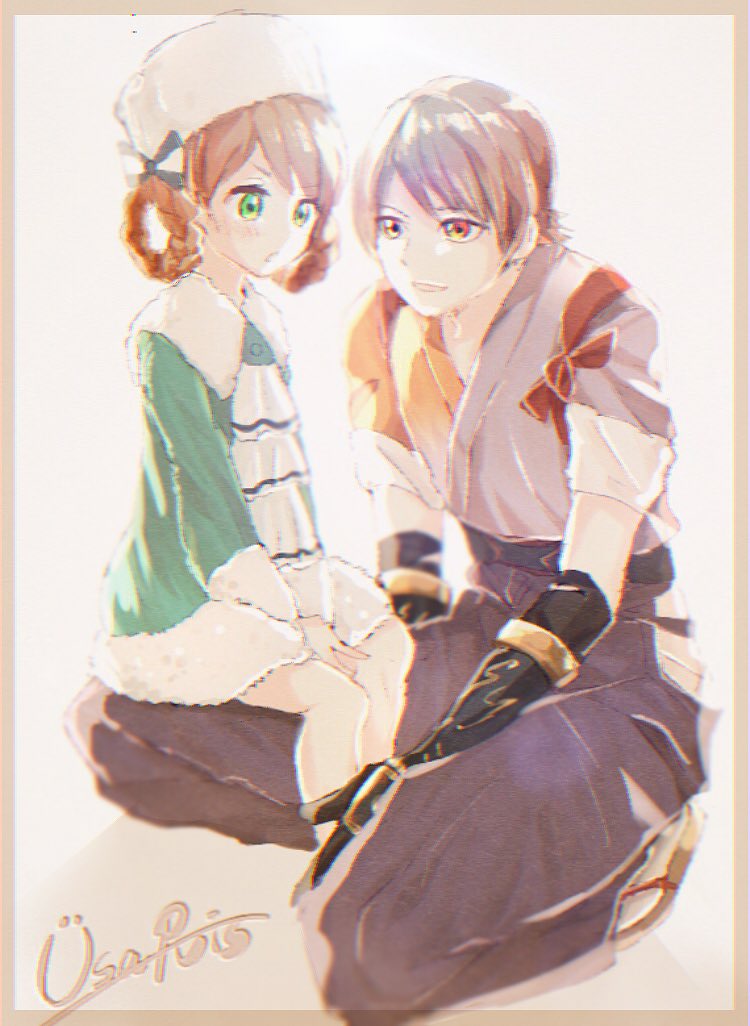 1boy 1girl anastasia_(shadow_hearts) braid brown_hair dress fur_trim gloves green_eyes hat inugami_kurando japanese_clothes medium_hair open_mouth red_eyes shadow_hearts shadow_hearts_ii simple_background smile twin_braids uni_sirasu