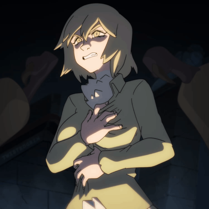 1girl animated animated_gif blonde_hair bouncing_breasts breasts dungeon_meshi falin_touden falin_touden_(chimera) fangs feathers grimace large_breasts medium_hair monster navel open_mouth solo tearing_clothes torn_clothes twistedgrim underboob upper_body yellow_eyes