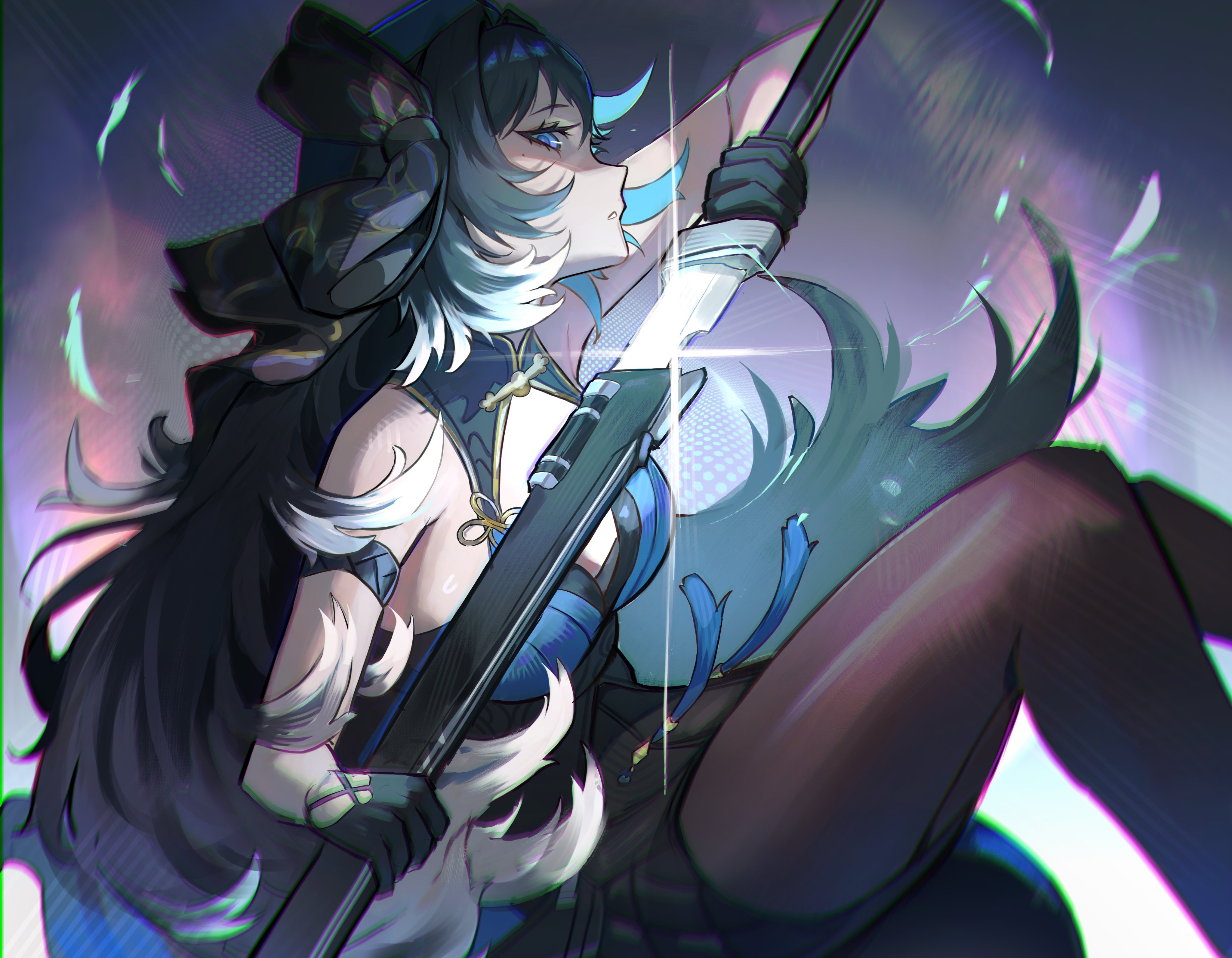 1girl absurdres arm_strap bare_shoulders beret billsuu black_bow black_collar black_gloves black_hair black_pantyhose black_skirt blue_eyes blue_hat blue_shirt bow breasts chromatic_aberration collar commentary drawing_sword english_commentary feather_hair from_side gloves hair_bow hat heavy_chromatic_aberration highres holding holding_sword holding_weapon long_hair looking_at_viewer medium_breasts pantyhose parted_lips scabbard sheath shirt skirt solo sword unsheathing very_long_hair weapon wuthering_waves yangyang_(wuthering_waves)
