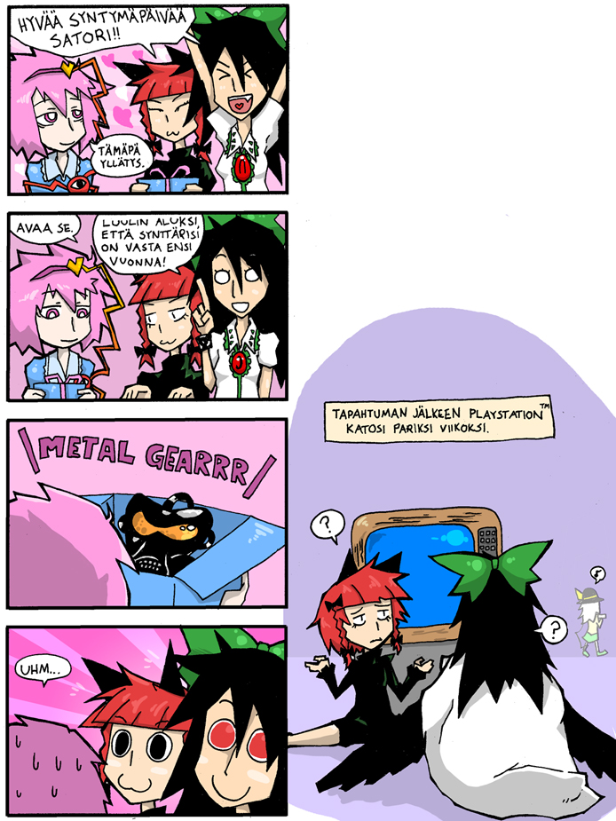4girls 4koma :3 ? birthday box comic drawfag english_text female_focus finnish_text game_console gas_mask gift heart heart_in_mouth kaenbyou_rin komeiji_koishi komeiji_satori mask metal_gear_(series) metal_gear_solid multiple_girls psycho_mantis red_eyes reiuji_utsuho setz sweatdrop television third_eye touhou translated