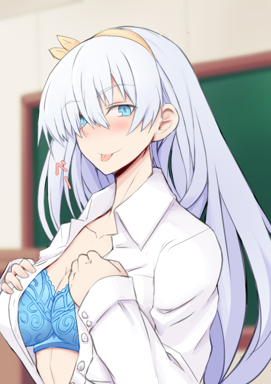 1girl anastasia_(fate) blue_bra blue_eyes blurry blurry_background blush bra breasts chalkboard fate/grand_order fate_(series) female_focus hairband large_breasts long_hair looking_at_viewer nahu open_clothes open_shirt shirt silver_hair smile solo tongue tongue_out underwear upper_body white_shirt