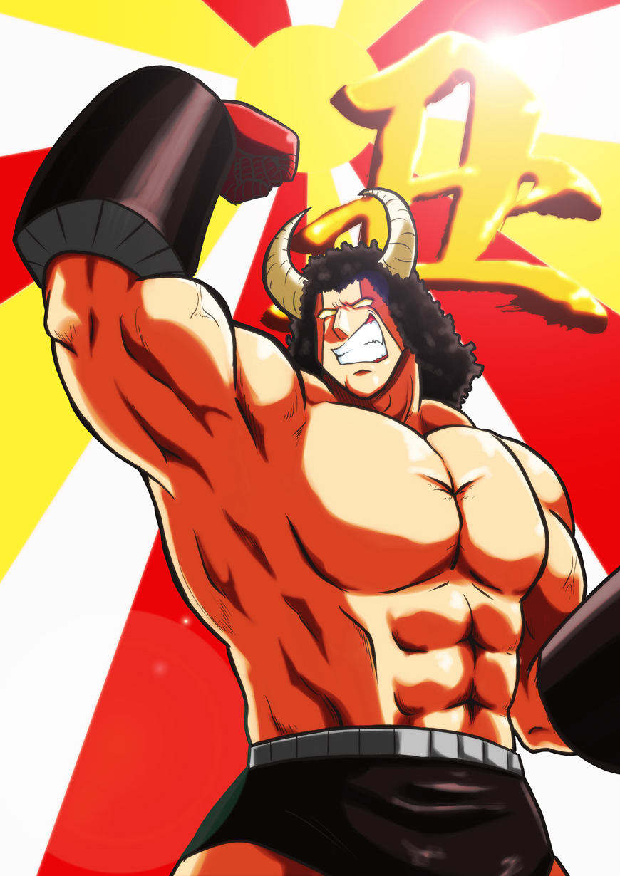 1boy 2021 abs afro arm_up black_hair black_shorts blank_eyes buffaloman chinese_zodiac flexing gloves highres horns kinnikuman kinnikuman_(character) kurokuro222 male_focus muscular muscular_male ox_horns pectorals red_gloves shorts smile solo sunburst sunburst_background teeth year_of_the_ox yellow_eyes