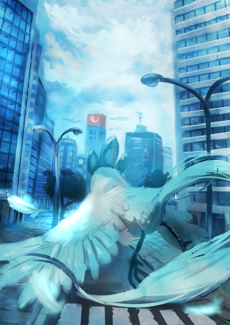 aqua_theme articuno bad_id bad_pixiv_id building caterpie city cityscape creature feathers flying from_behind gen_1_pokemon lamppost legendary_pokemon lightning_rod manino_(mofuritaionaka) nintendo no_humans pokemon pokemon_(creature) road scenery solo window