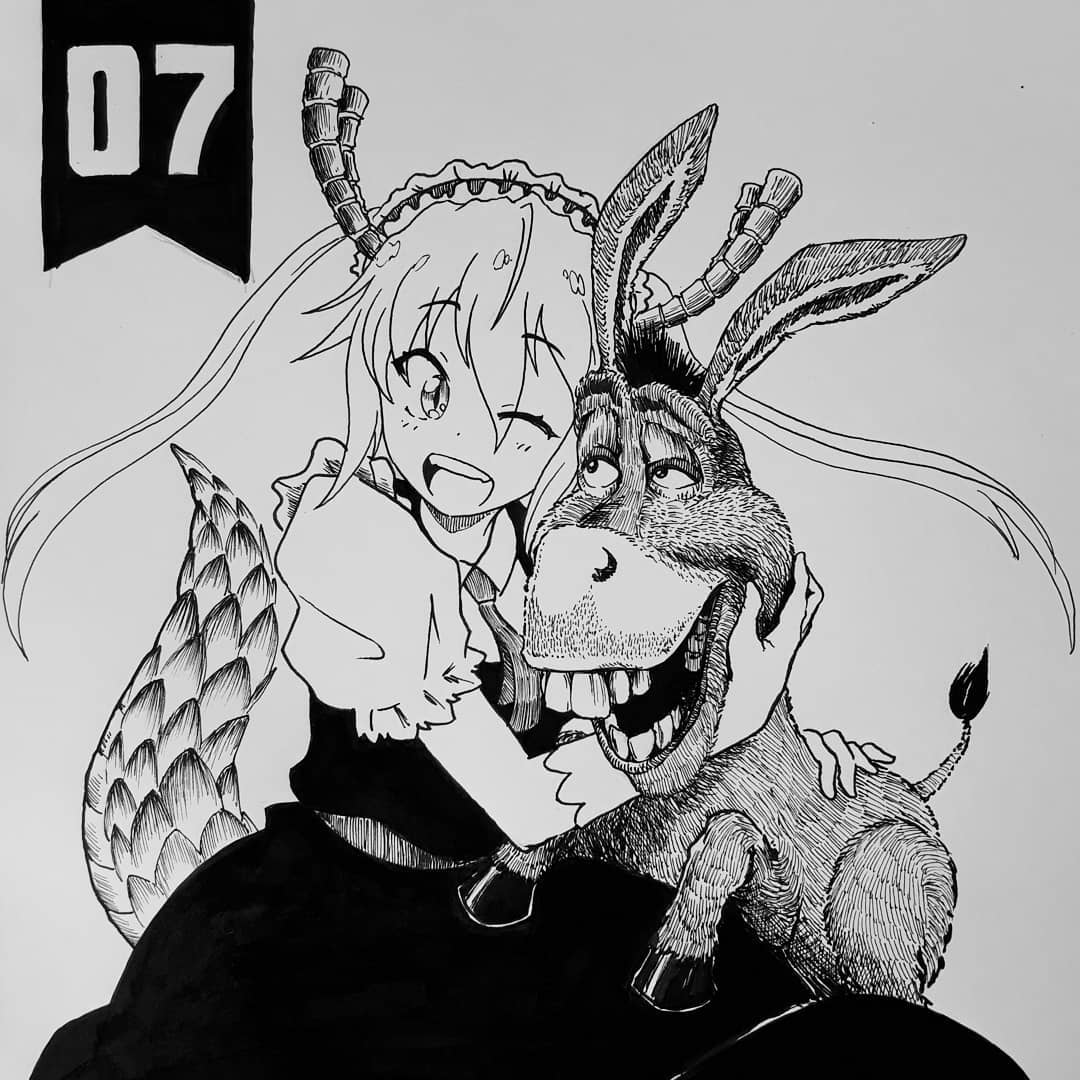 1boy 1girl crossover donkey donkey_(shrek) dragon dragon_girl happy horns hug implied_bestiality kobayashi-san_chi_no_maidragon monster_girl one_eye_closed shrek_(series) shukeiart simple_background smile tail tohru_(maidragon) twintails what