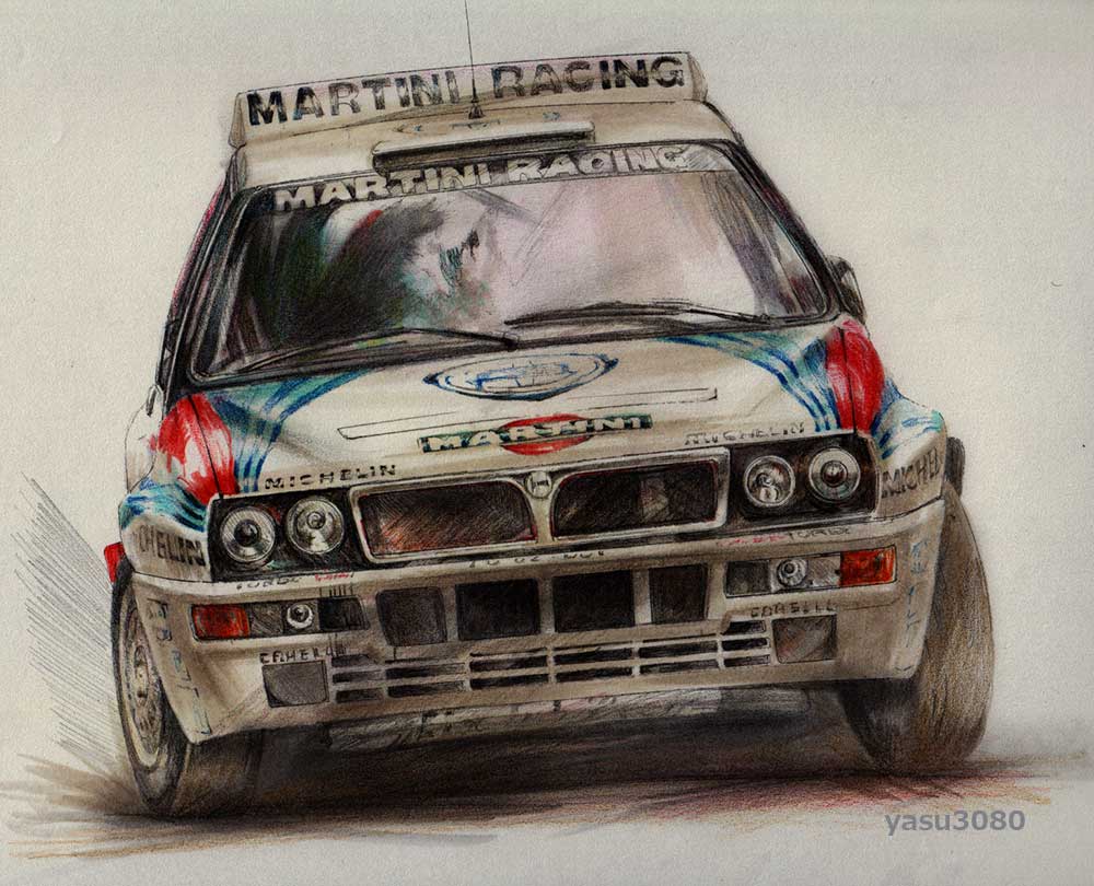 artist_name car colored_pencil_(medium) lancia_(brand) lancia_delta_hf_integrale motor_vehicle no_humans race_vehicle racecar rally_car shadow spoiler_(automobile) traditional_media twitter_username vehicle_focus white_car world_rally_championship yasuyuki3080