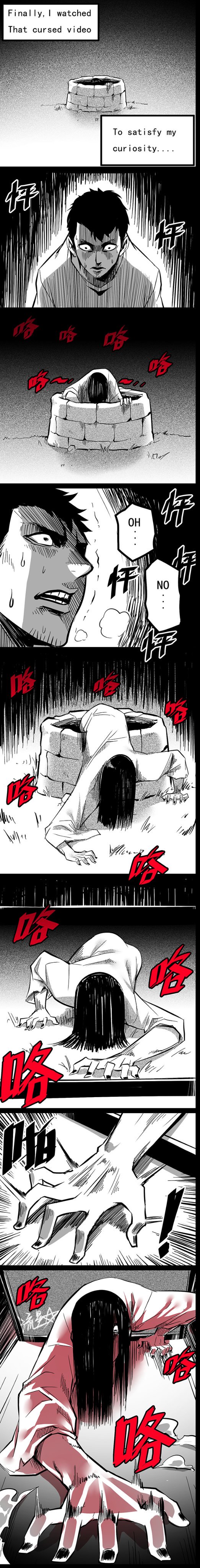 1boy 1girl absurdres black_hair black_nails comic english_text hair_over_one_eye highres long_hair long_image long_sleeves nail_polish open_mouth ryuusei_(mark_ii) tall_image television the_ring through_medium through_screen very_long_hair well yamamura_sadako