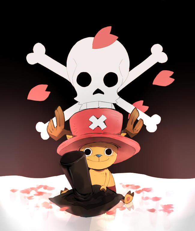 antlers bad_id bad_pixiv_id cherry_blossoms chiro_(pez777) dr._hiluluk drum_island family flag footprints hat horns jolly_roger memento_(movie) no_humans one_piece petals pink_hat reindeer reindeerboy shorts sitting skull_and_crossbones smile snow solo tony_tony_chopper top_hat