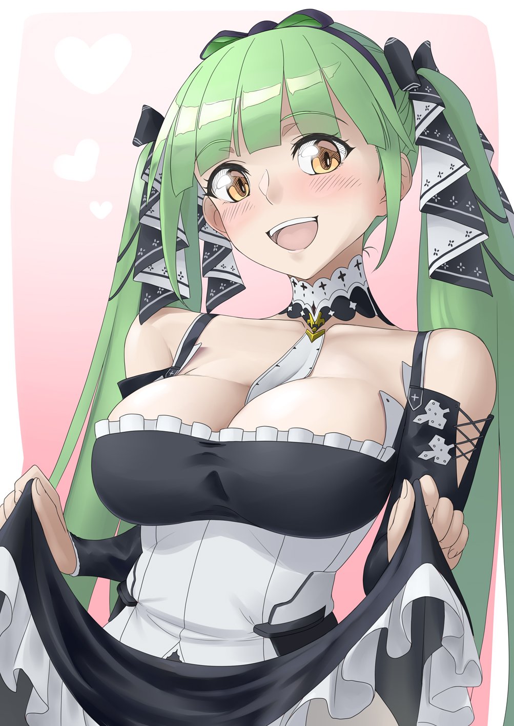 1girl :d azur_lane bare_shoulders between_breasts black_dress black_ribbon blush breasts clothes_lift cosplay danbora dress dress_lift formidable_(azur_lane) formidable_(azur_lane)_(cosplay) frilled_dress frills green_hair hair_ribbon heart highres large_breasts long_hair looking_at_viewer open_mouth ribbon shropshire_(azur_lane) smile solo twintails two-tone_dress two-tone_ribbon upper_body white_dress white_ribbon yellow_eyes